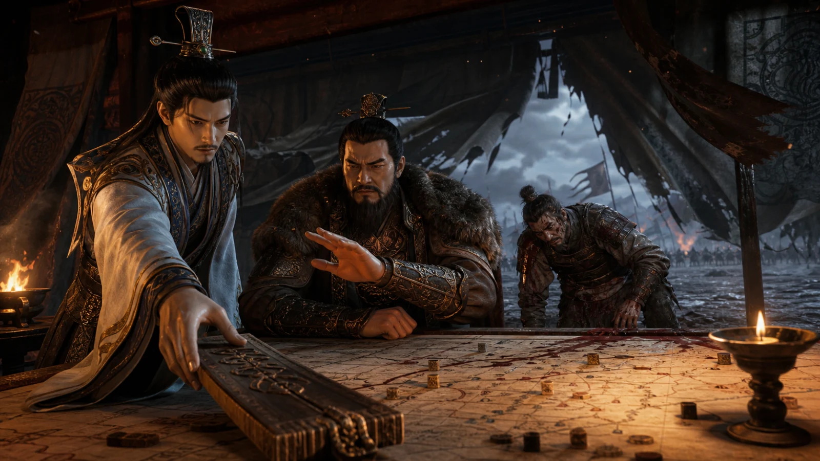 War-tent confrontation: character blocking and lighting reference